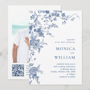 Invitation Bleu victorien Français Floral Photo Code QR Maria