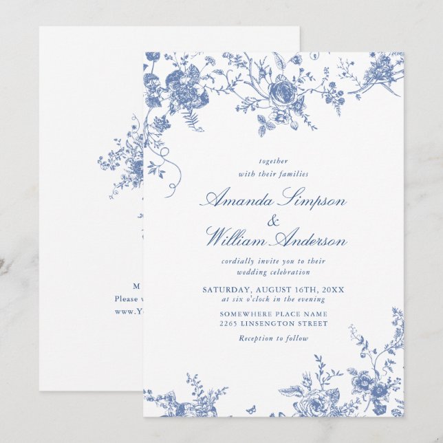 Invitation Bleu Victorien Français Toile Mariage (Devant / Derrière)