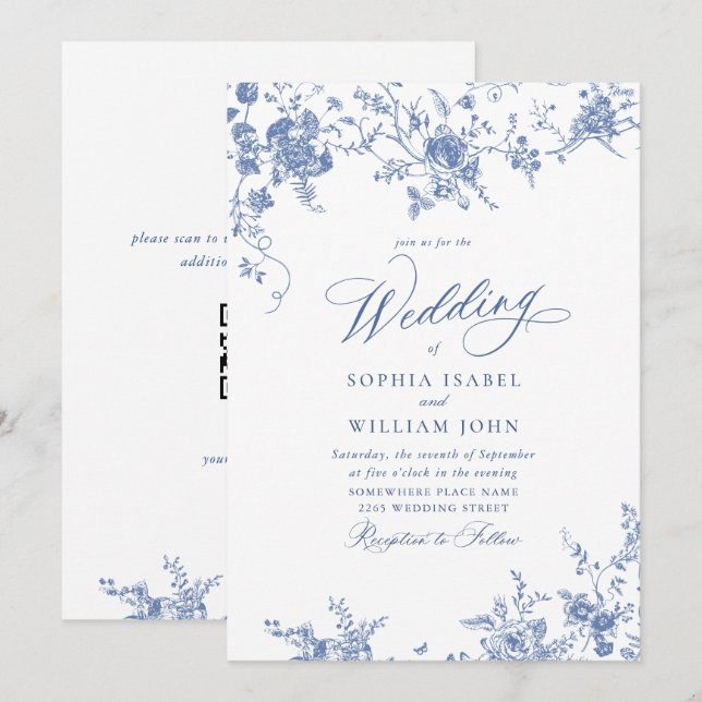Invitation Bleu victorien Jardin Français Mariage Floral (Devant / Derrière)