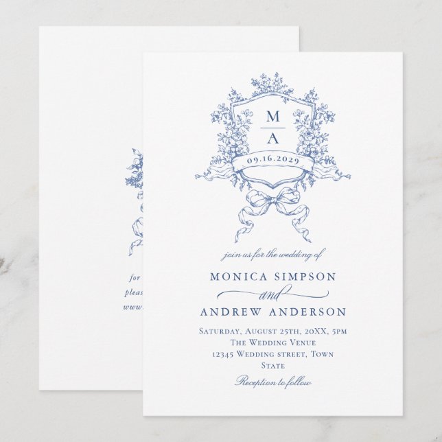 Invitation Bleu Victorien Mariage Orné Floral Crest (Devant / Derrière)
