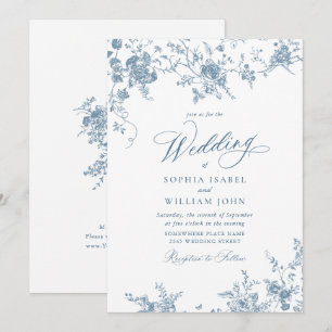 Invitation Bleu Victorien Toile Jardin Français Mariage Flora