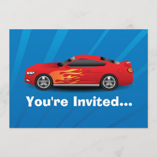 Invitation Bleu vif avec les voitures Red Sports Flames Kids 