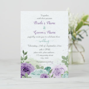 Invitation bleu violet fleurs vert feuille mariage