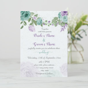 Invitation bleu violet fleurs vert feuille mariage