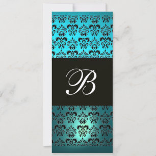 Invitation BLEU VIOLET NOIR  DAMAS MONOGRAMME, blanc turquois