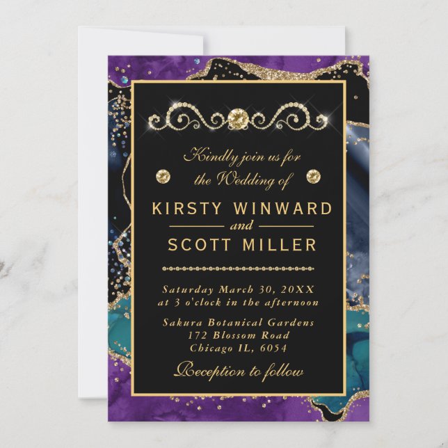 Invitation Bleu violet Turquoise Parties scintillant or Maria (Devant)