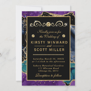 Invitation Bleu violet Turquoise Parties scintillant or Maria