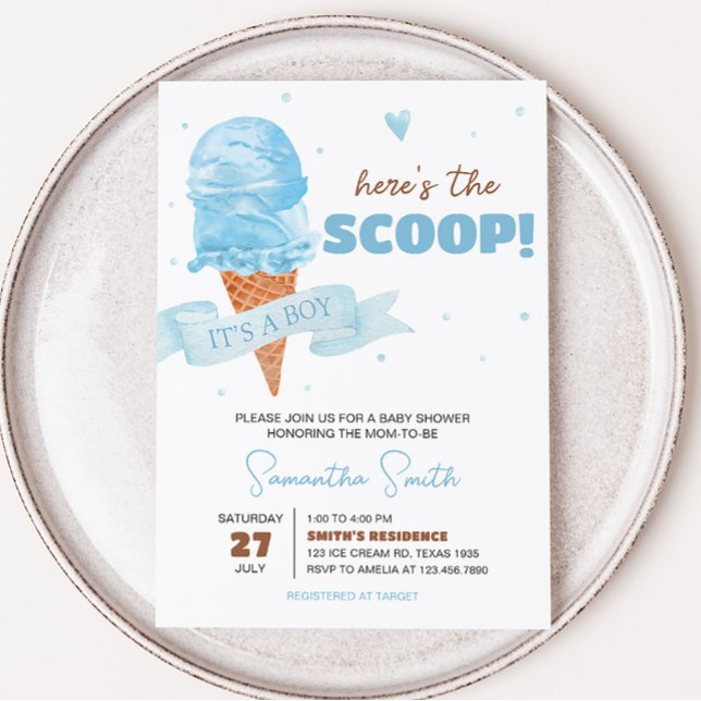 Invitation Bleu Voici le Baby shower Scoop (Boy Ice Cream Baby Shower Invitation)