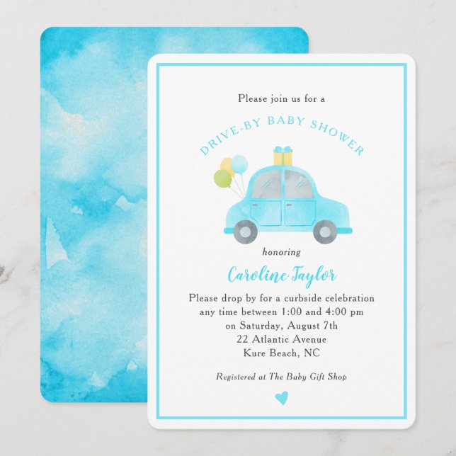 Invitation Bleu Voiture Ballons Baby shower Garçon (Devant / Derrière)