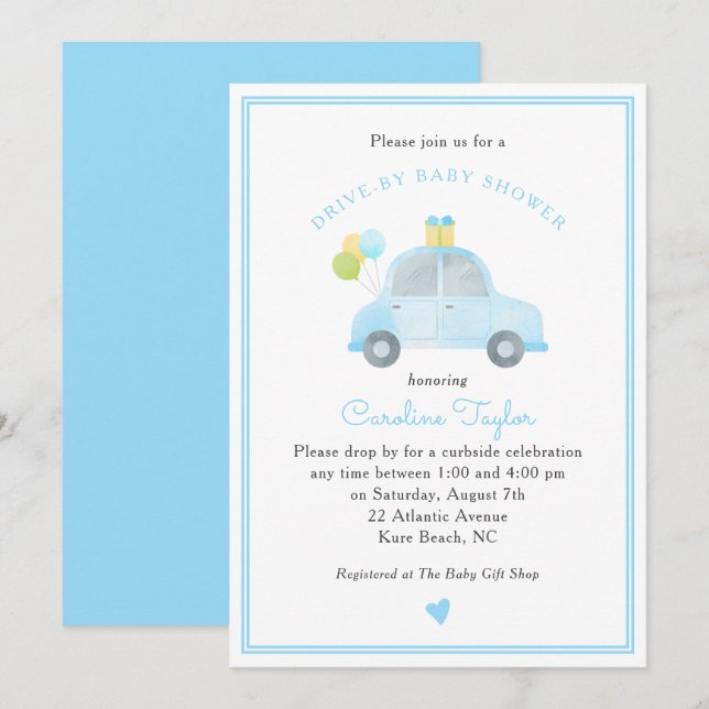 Invitation Bleu Voiture Ballons Baby shower Garçon (Devant / Derrière)
