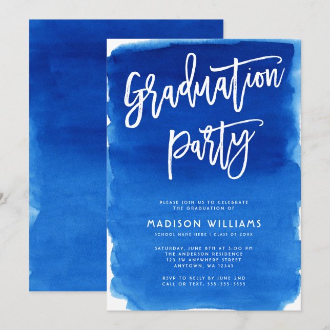 Invitation Bleu Watercolor Graduation Party (Devant / Derrière)