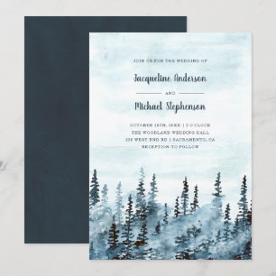 Invitation Bleu Watercolor Winter Woodland Russe Mariage