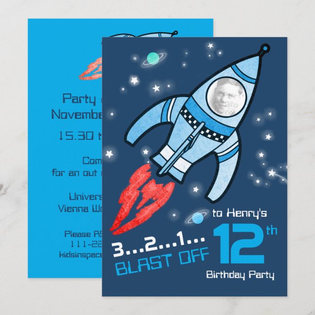 Invitation bleue à 12 ans pour les enfants de fusé (Devant / Derrière)