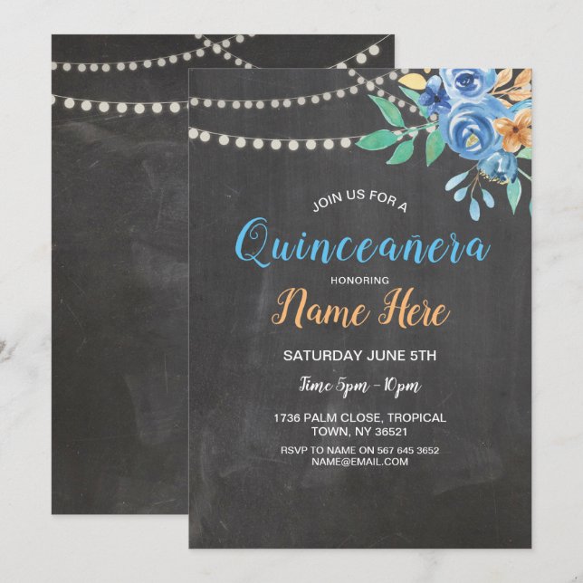 Invitation bleue à la fête d'anniversaire de Quinc (Devant / Derrière)