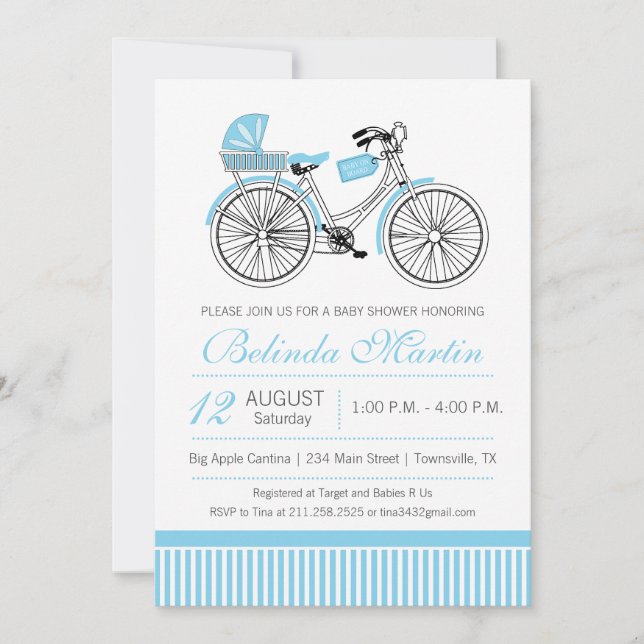 Invitation bleue Baby shower à vélo (Devant)
