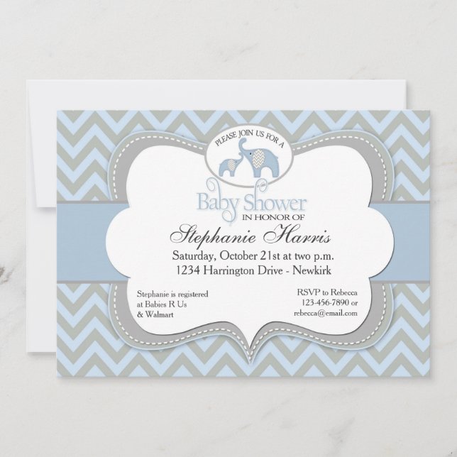 Invitation bleue de baby shower de Chevron (Devant)