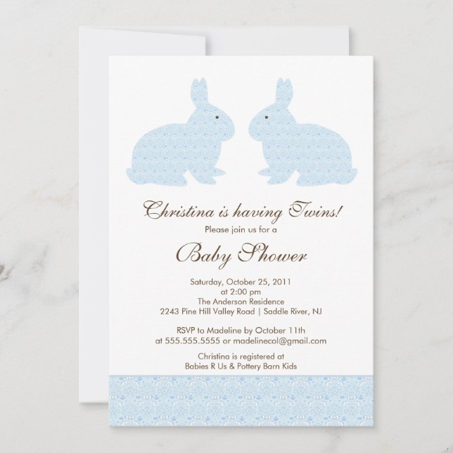 Invitation bleue de baby shower de lapin de (Devant)