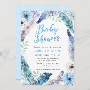 Invitation bleue de baby shower de plume de Boho
