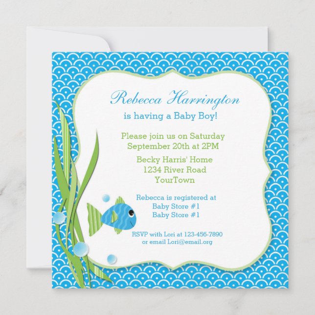 Invitation bleue de baby shower de poissons (Devant)