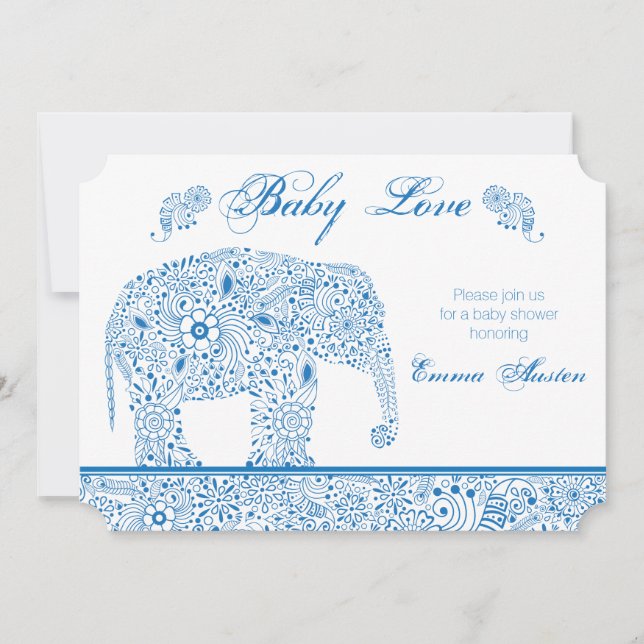 Invitation bleue de baby shower d'éléphant (Devant)