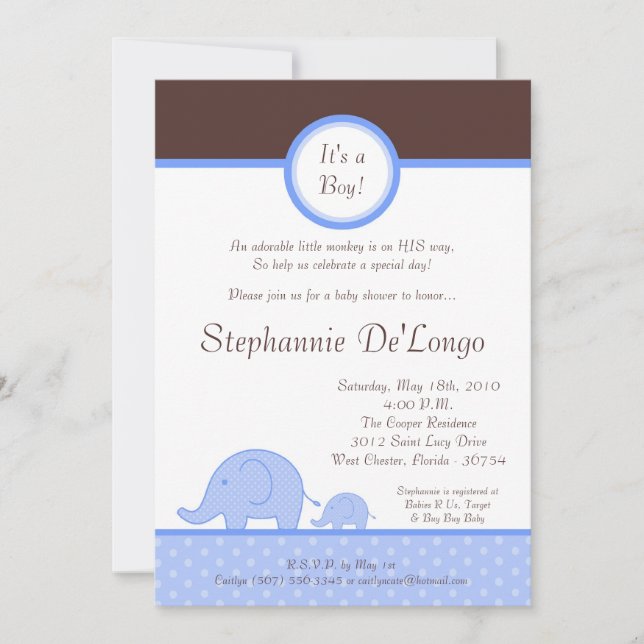 invitation bleue de baby shower d'éléphant de mod (Devant)