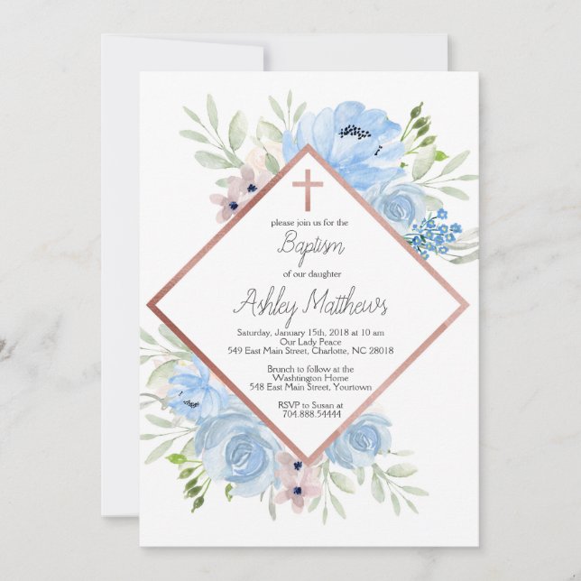 invitation bleue de baptême de garçon, première (Devant)