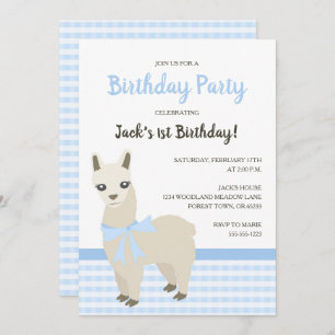 Invitation bleue de fête d'anniversaire d'alpaga