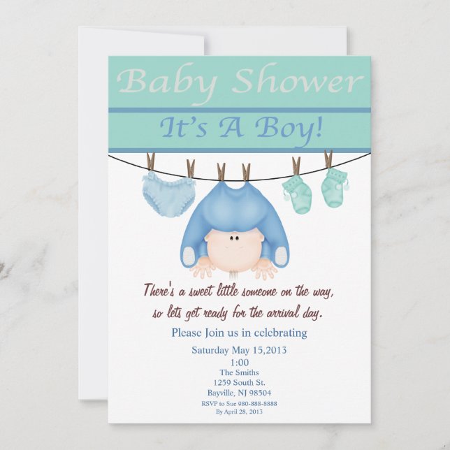 Invitation bleue et verte de baby shower de garçon (Devant)