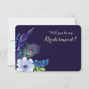 Invitation Bleue Florale Bohème Plume Demoiselle d'Honneur