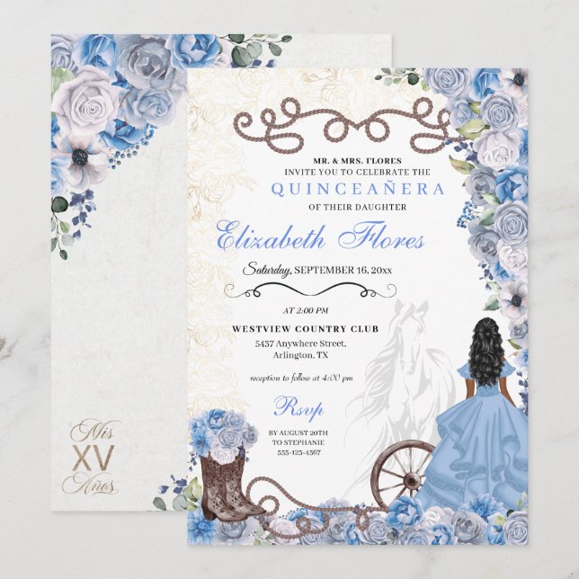 Invitation Bleue Occidentale Princesse Florale Charra Quincea (Devant / Derrière)