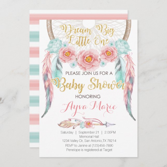 Invitation bleue rose de baby shower de Boho (Devant / Derrière)