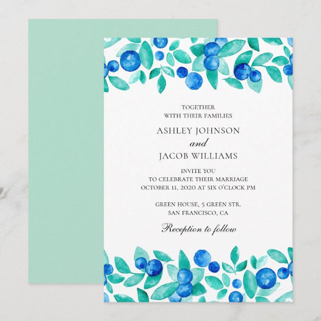 Invitation Bleus des bois. Mariage à la menthe et au jardin b (Devant / Derrière)
