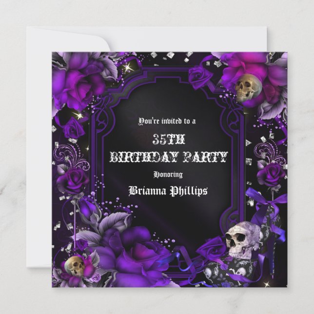 Invitation Bling Crânes Roses Noires Violettes Got (Devant)