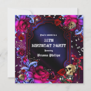 Invitation Bling Crânes Roses Rouges Violettes Got