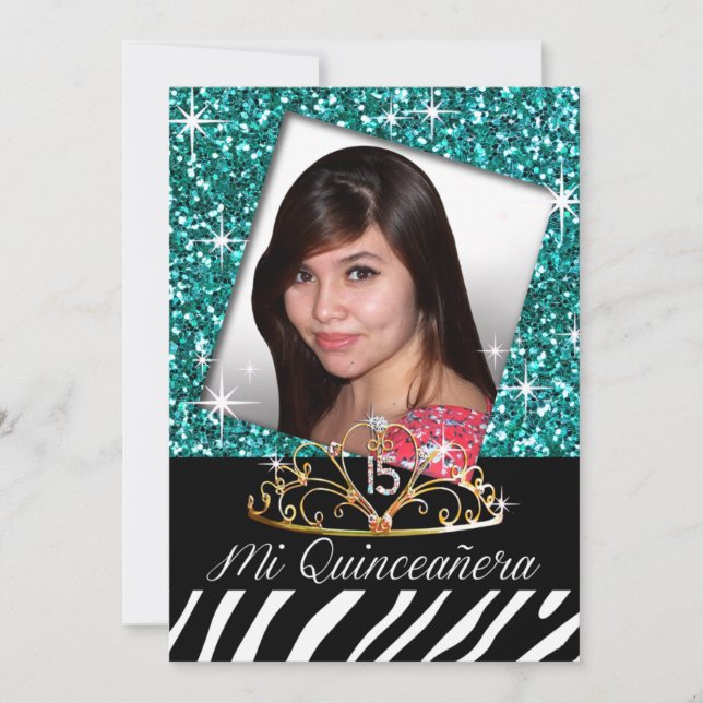 Invitation Bling Tiara Zebra Quinceañera 15e anniversaire| tu (Devant)