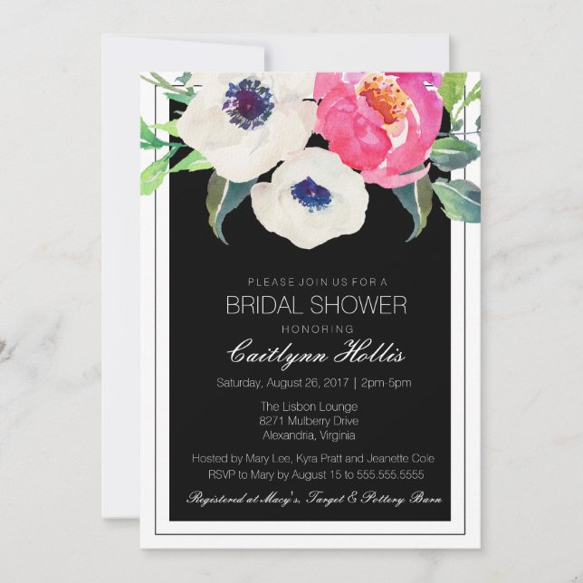 Invitation Bliss Botanique Blanc Noir Fête des mariées Floral (Devant)