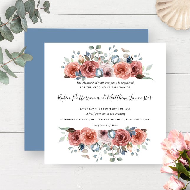 Invitation Blissant Floral Dusty Bleu et Blush Mariage (Créateur téléchargé)
