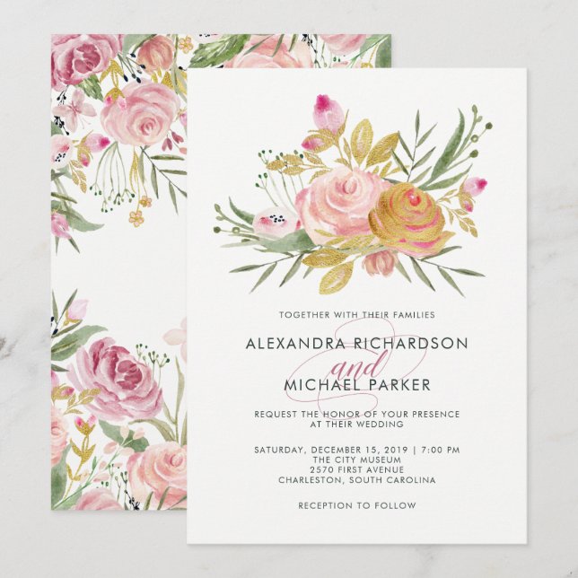 Invitation Blissant | Mariage floral rose et or Faux (Devant / Derrière)