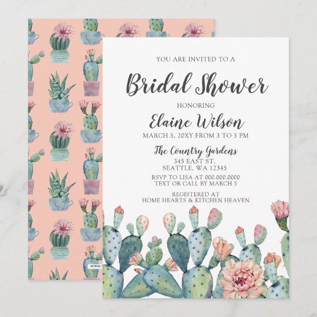 Invitation Blisser Blush Cactus Mariage Fête des mariées (Devant / Derrière)