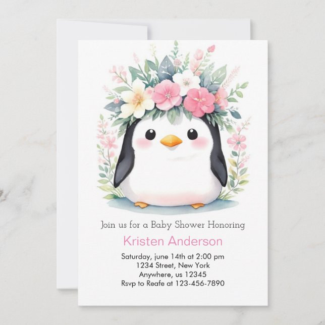 Invitation Blisser rose Floral Baby shower fille de pingouin (Devant)