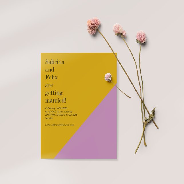 Invitation Bloc de couleur jaune pourpre Géométrique Mariage  (Créateur téléchargé)