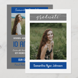 Invitation Bloc Moderne Bleu 3-Photo Graduation