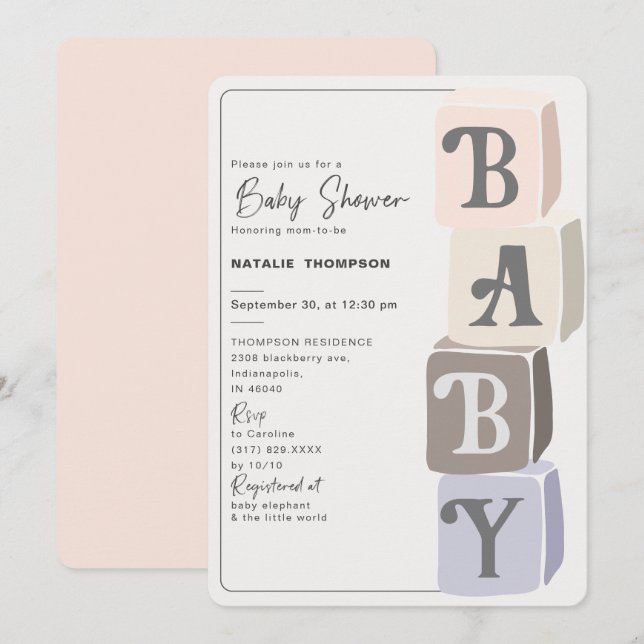 Invitation Blocs de Baby shower fille Blush (Devant / Derrière)