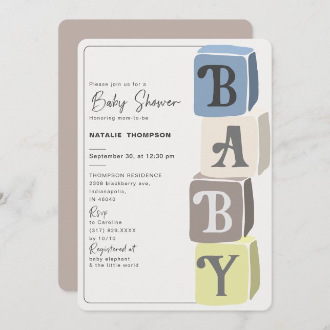 Invitation Blocs de Baby shower garçon (Devant / Derrière)