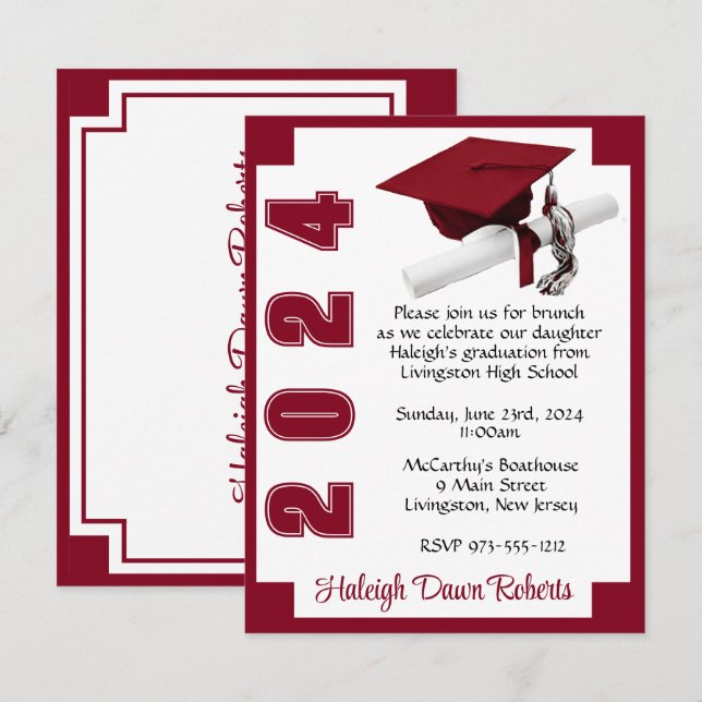 Invitation Blocs de coin blanc et cardinal rouge Graduation (Devant / Derrière)