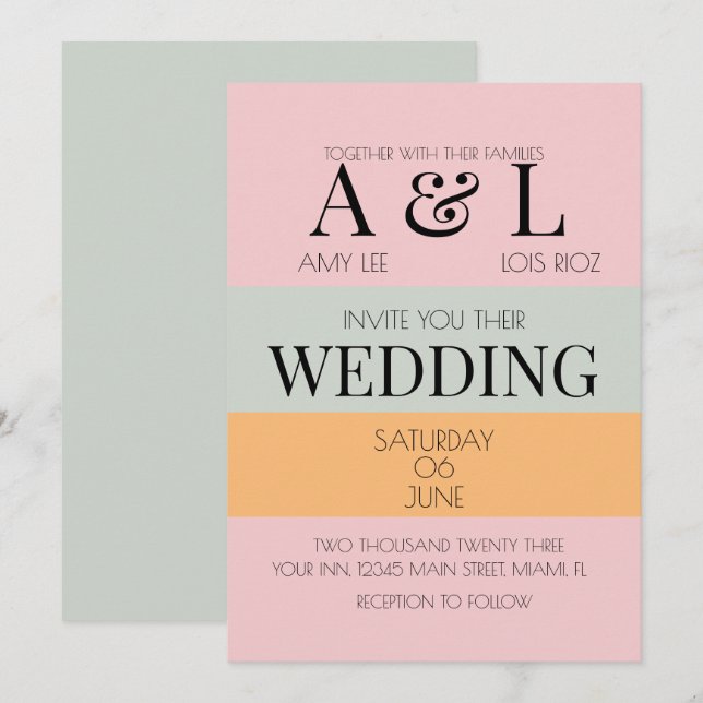 Invitation Blocs Modernes Rose Menthe Clair et Mariage Audaci (Devant / Derrière)