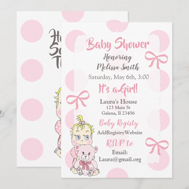 Invitation Blonde Baby Girl with Teddy Bear Baby showiwing (Devant / Derrière)