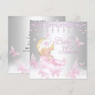 Invitation Blonde Baby shower à papillon en argent rose