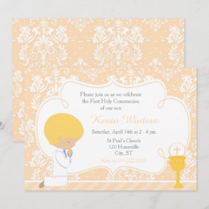 Invitation Blonde Boy Première Communion Damask