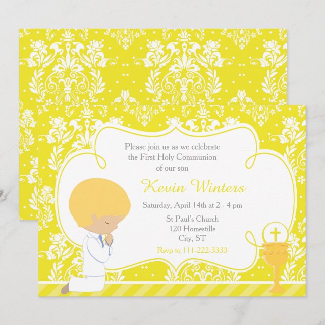 Invitation Blonde Boy Première Communion Damask (Devant / Derrière)